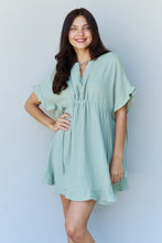 Load image into Gallery viewer, Out Of Time Full Size Ruffle Hem Dress with Drawstring Waistband in Light Sage
